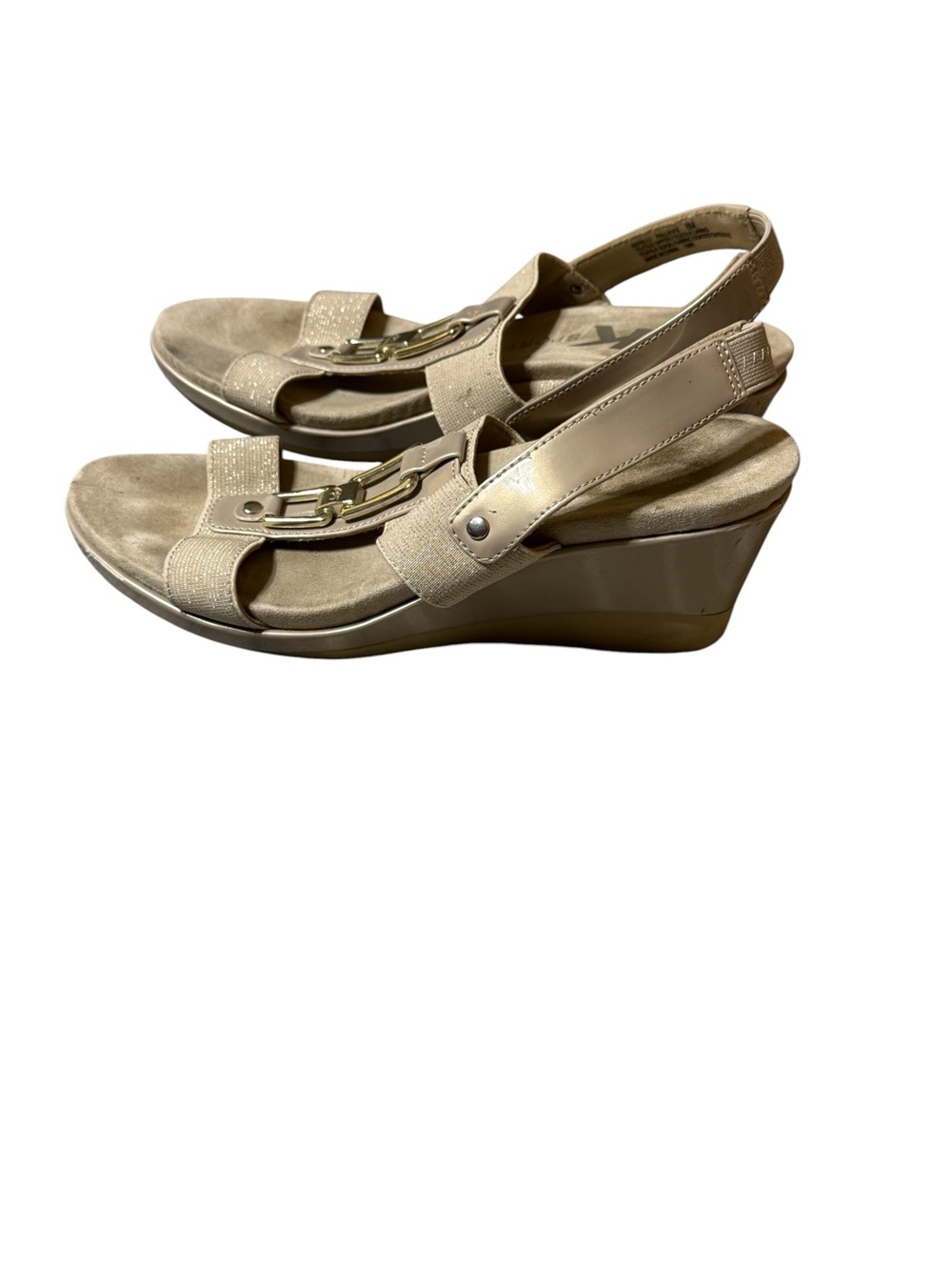 AK Anne Klein Sport Gold Wedge Sandals Elastic Comfort Strappy Shimmer 8M